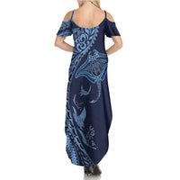Hawaiian Manta Ray and Polynesian Tribal Tattoo Summer Maxi Dress Dark Navy Color LT03 - Polynesian Pride