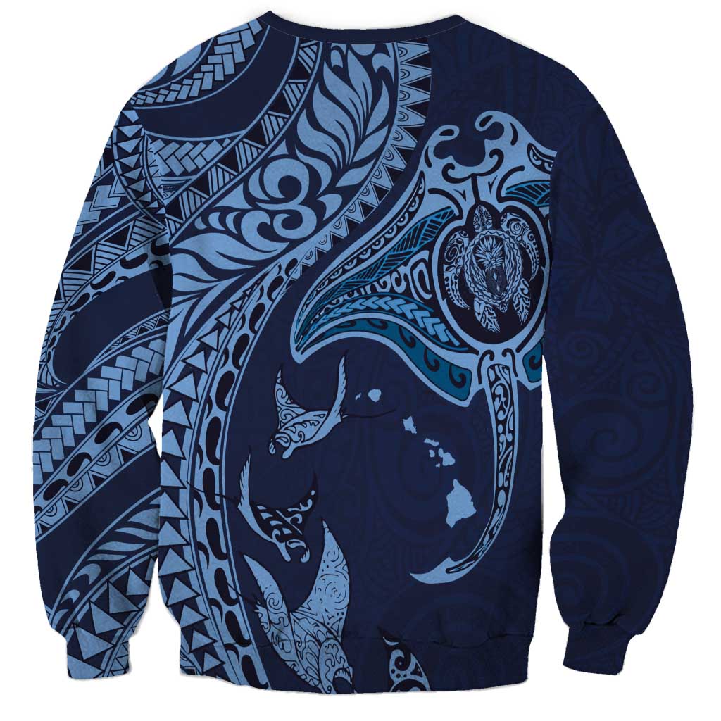 Hawaiian Manta Ray and Polynesian Tribal Tattoo Sweatshirt Dark Navy Color LT03