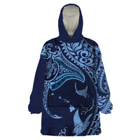Hawaiian Manta Ray and Polynesian Tribal Tattoo Wearable Blanket Hoodie Dark Navy Color LT03 One Size Dark Navy - Polynesian Pride