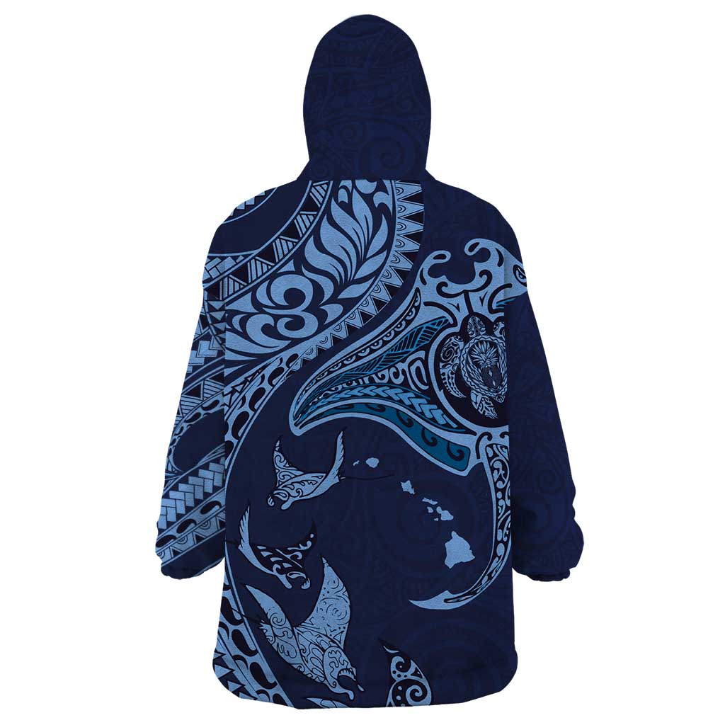Hawaiian Manta Ray and Polynesian Tribal Tattoo Wearable Blanket Hoodie Dark Navy Color LT03 - Polynesian Pride
