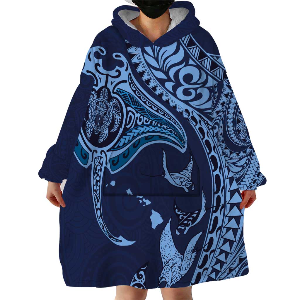 Hawaiian Manta Ray and Polynesian Tribal Tattoo Wearable Blanket Hoodie Dark Navy Color LT03 - Polynesian Pride