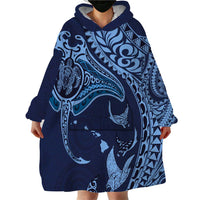 Hawaiian Manta Ray and Polynesian Tribal Tattoo Wearable Blanket Hoodie Dark Navy Color LT03 - Polynesian Pride