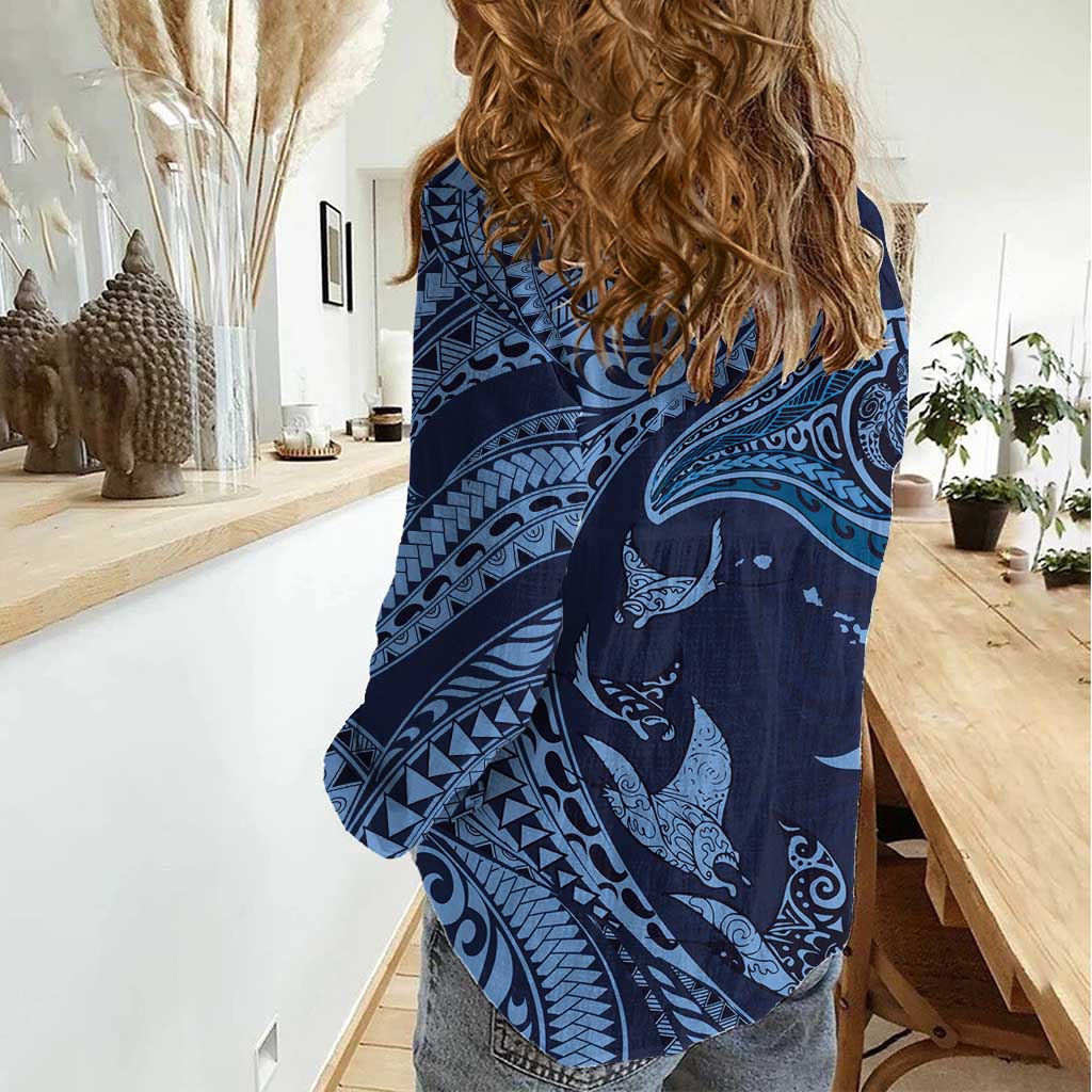 Hawaiian Manta Ray and Polynesian Tribal Tattoo Women Casual Shirt Dark Navy Color LT03 - Polynesian Pride