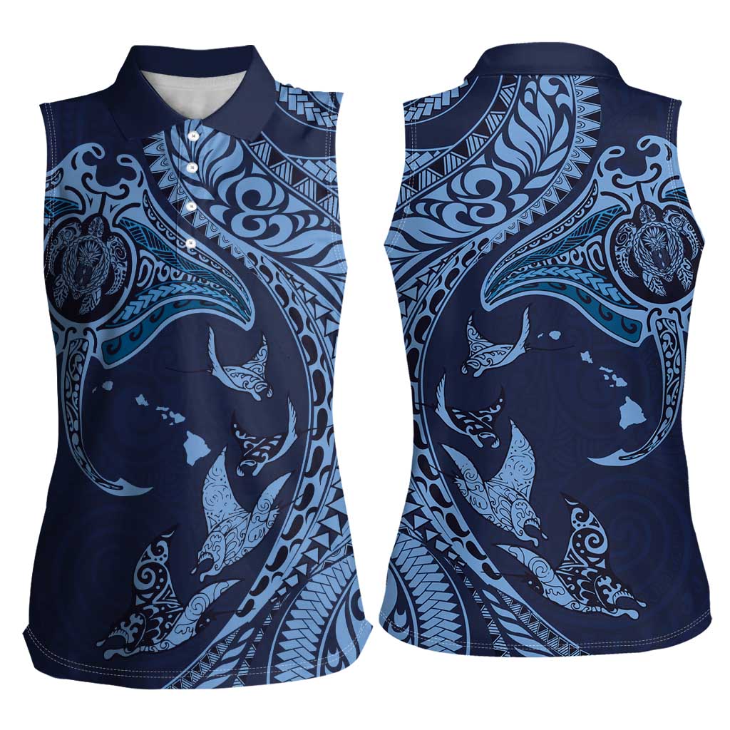 Hawaiian Manta Ray and Polynesian Tribal Tattoo Women Sleeveless Polo Shirt Dark Navy Color LT03 - Polynesian Pride
