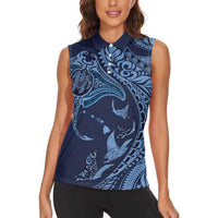 Hawaiian Manta Ray and Polynesian Tribal Tattoo Women Sleeveless Polo Shirt Dark Navy Color LT03 - Polynesian Pride