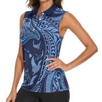 Hawaiian Manta Ray and Polynesian Tribal Tattoo Women Sleeveless Polo Shirt Dark Navy Color LT03 - Polynesian Pride