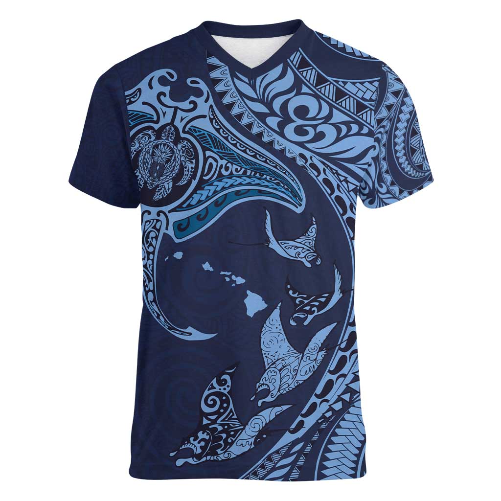 Hawaiian Manta Ray and Polynesian Tribal Tattoo Women V-Neck T-Shirt Dark Navy Color LT03 Female Dark Navy - Polynesian Pride