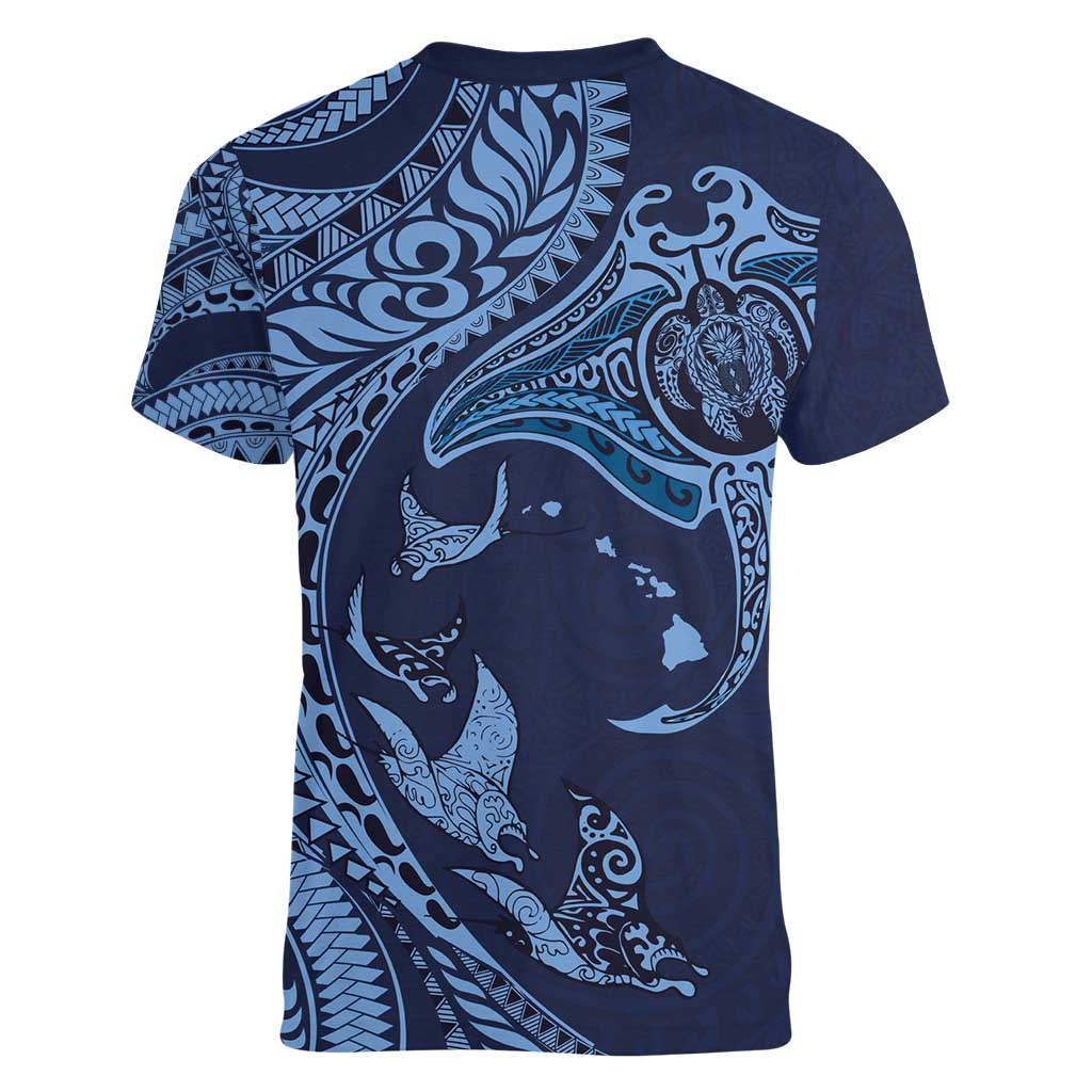 Hawaiian Manta Ray and Polynesian Tribal Tattoo Women V-Neck T-Shirt Dark Navy Color LT03 - Polynesian Pride