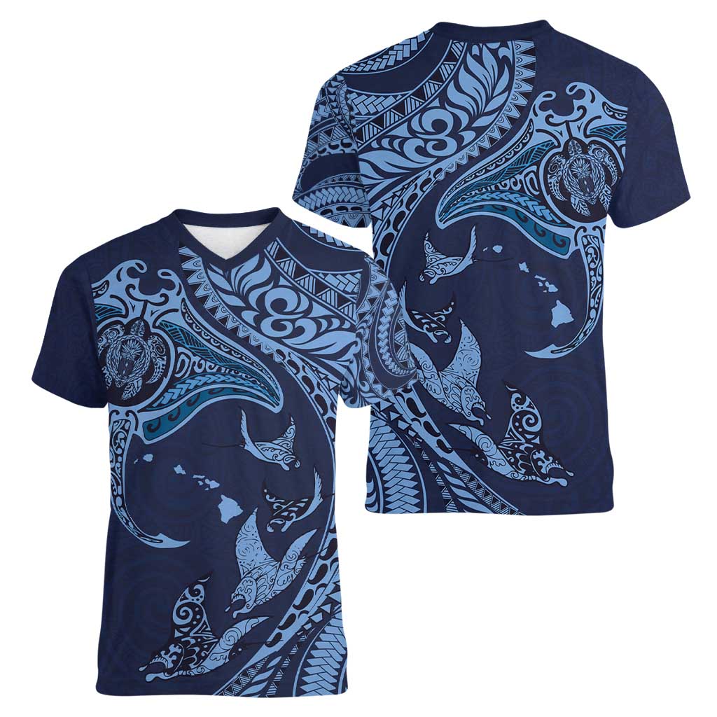 Hawaiian Manta Ray and Polynesian Tribal Tattoo Women V-Neck T-Shirt Dark Navy Color LT03 - Polynesian Pride