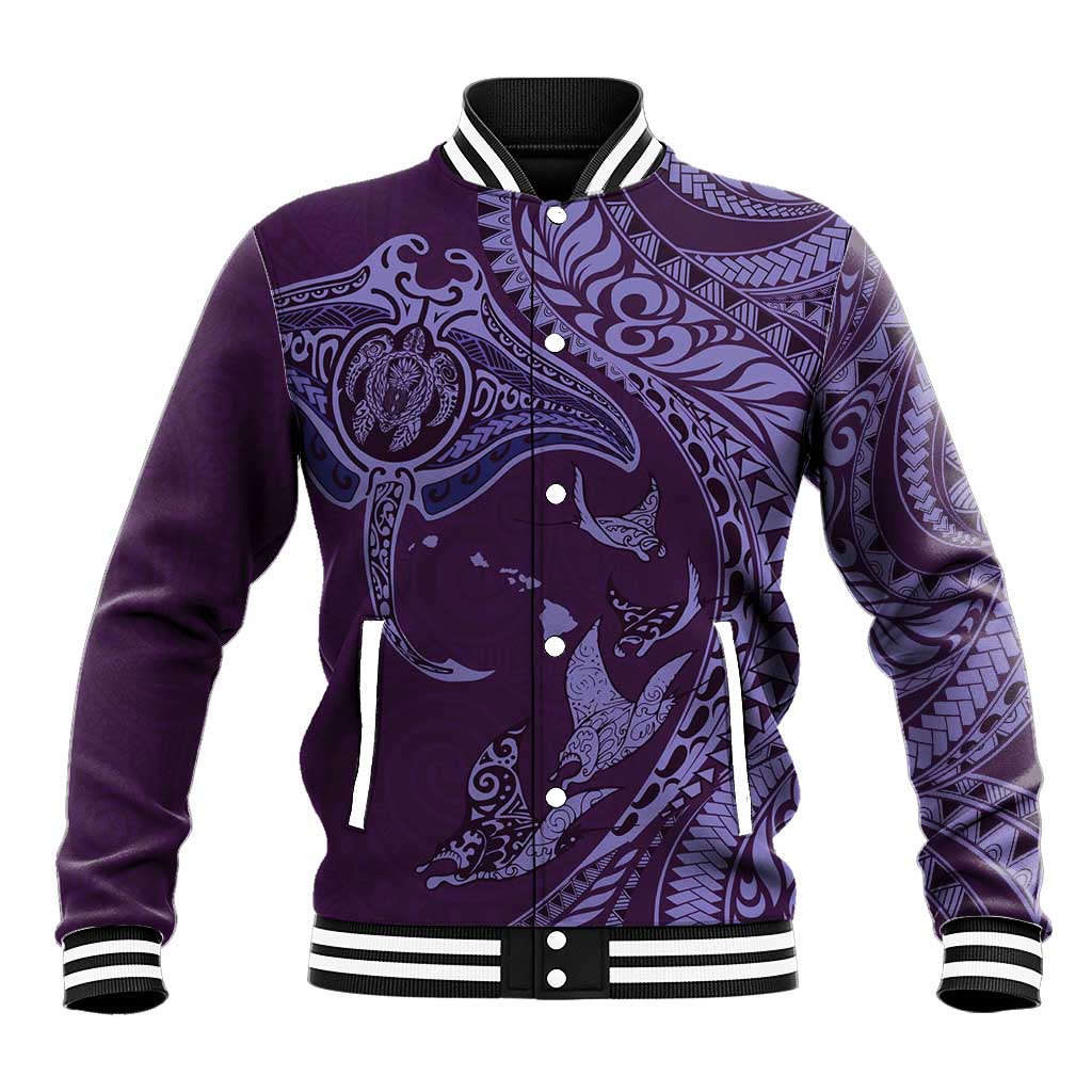 Hawaiian Manta Ray and Polynesian Tribal Tattoo Baseball Jacket Purple Color LT03 Unisex Purple - Polynesian Pride