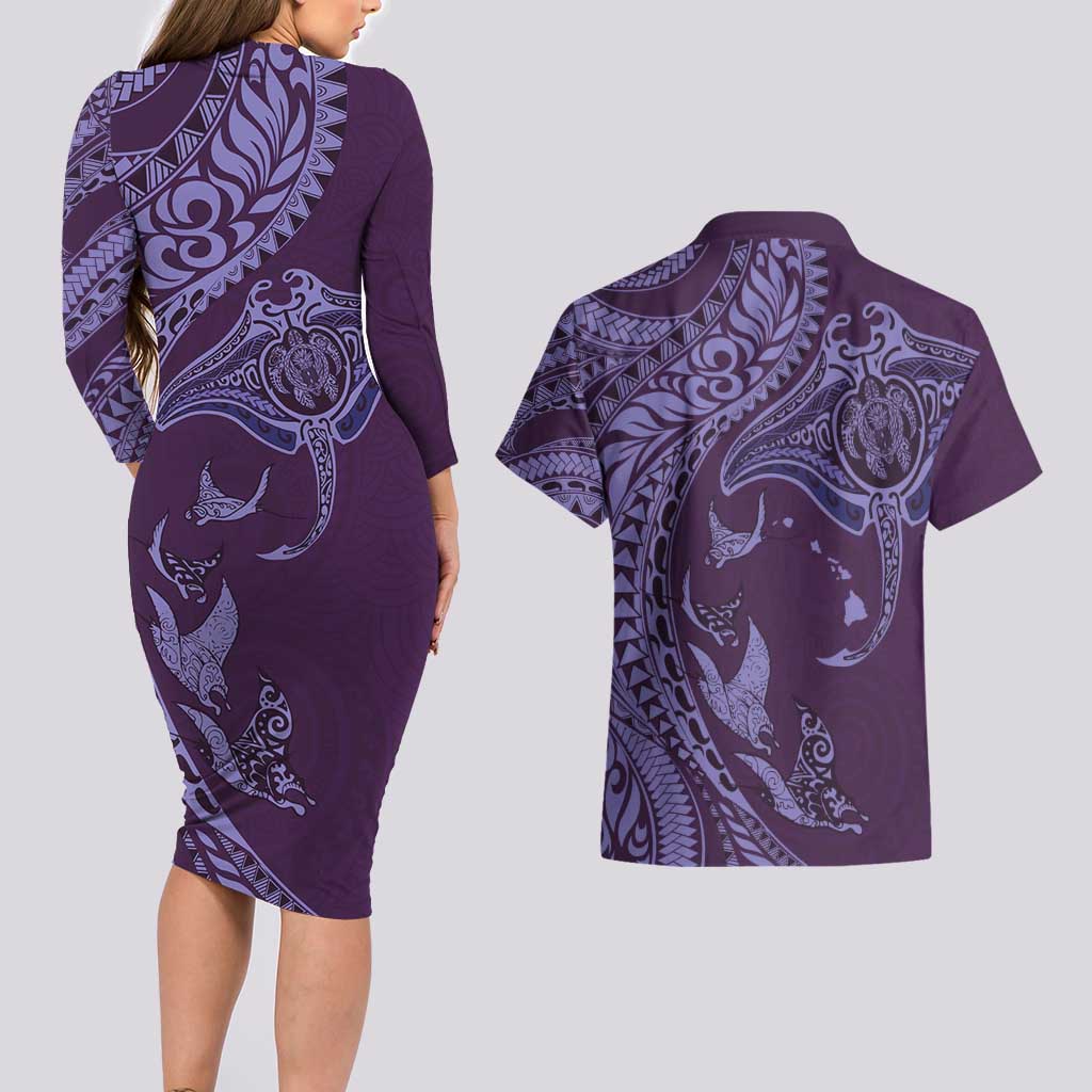 Hawaiian Manta Ray and Polynesian Tribal Tattoo Couples Matching Long Sleeve Bodycon Dress and Hawaiian Shirt Purple Color LT03 - Polynesian Pride