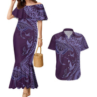 Hawaiian Manta Ray and Polynesian Tribal Tattoo Couples Matching Mermaid Dress and Hawaiian Shirt Purple Color LT03 Purple - Polynesian Pride