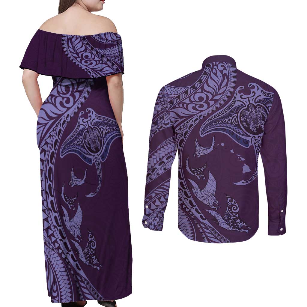 Hawaiian Manta Ray and Polynesian Tribal Tattoo Couples Matching Off Shoulder Maxi Dress and Long Sleeve Button Shirt Purple Color LT03