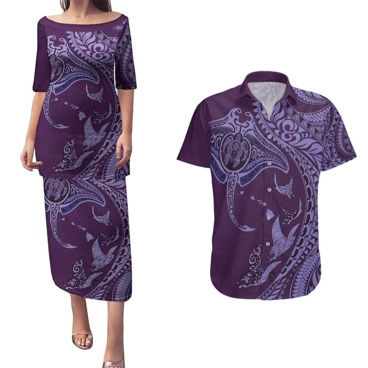 Hawaiian Manta Ray and Polynesian Tribal Tattoo Couples Matching Puletasi and Hawaiian Shirt Purple Color LT03 Purple - Polynesian Pride