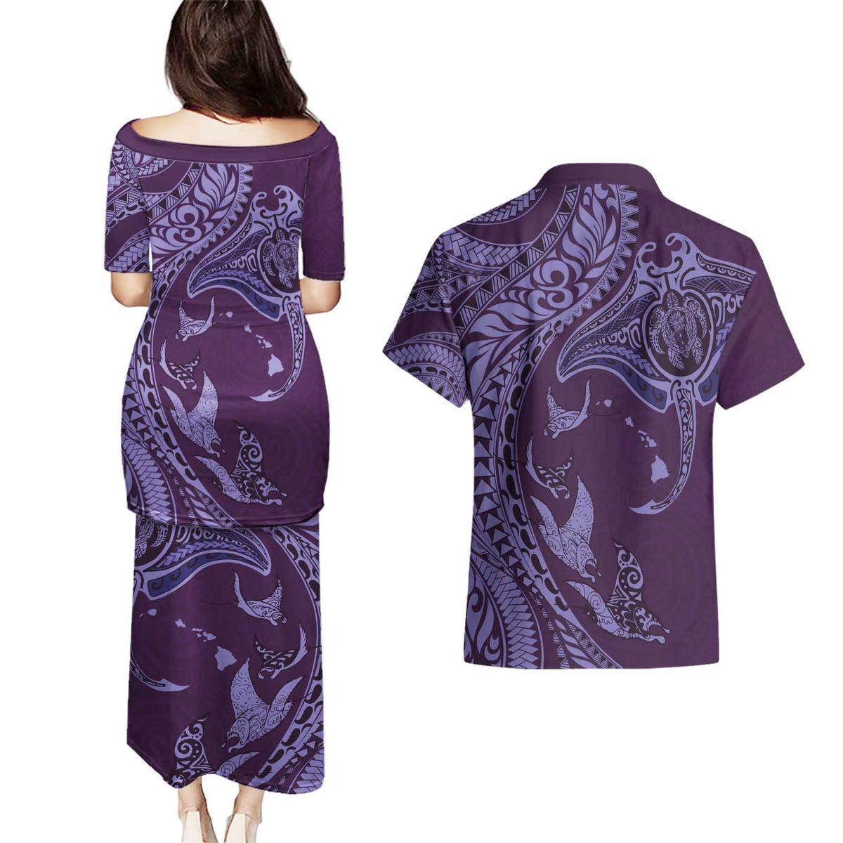 Hawaiian Manta Ray and Polynesian Tribal Tattoo Couples Matching Puletasi and Hawaiian Shirt Purple Color LT03 - Polynesian Pride