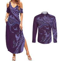 Hawaiian Manta Ray and Polynesian Tribal Tattoo Couples Matching Summer Maxi Dress and Long Sleeve Button Shirt Purple Color LT03