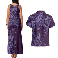 Hawaiian Manta Ray and Polynesian Tribal Tattoo Couples Matching Tank Maxi Dress and Hawaiian Shirt Purple Color LT03