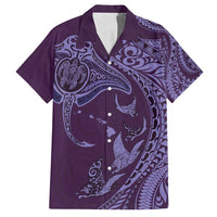 Hawaiian Manta Ray and Polynesian Tribal Tattoo Family Matching Long Sleeve Bodycon Dress and Hawaiian Shirt Purple Color LT03