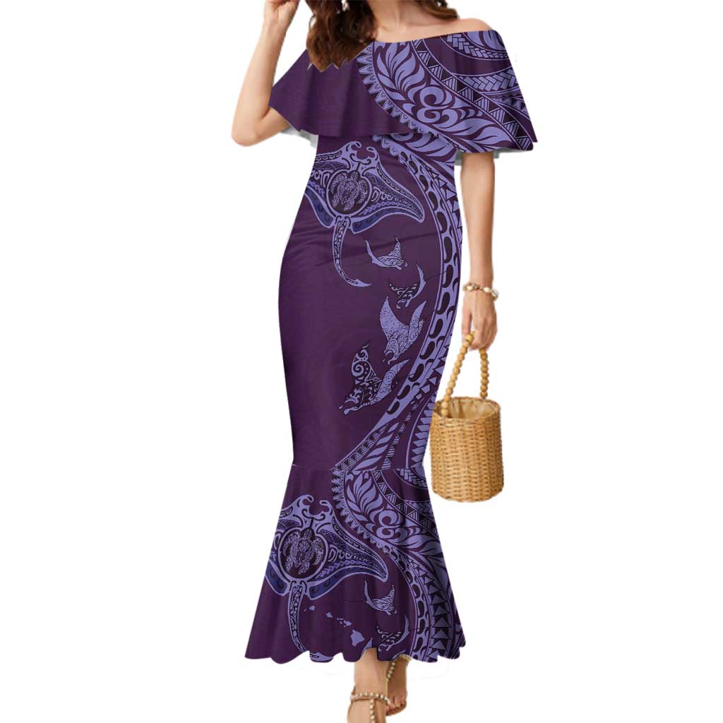 Hawaiian Manta Ray and Polynesian Tribal Tattoo Family Matching Mermaid Dress and Hawaiian Shirt Purple Color LT03 Mom's Dress Purple - Polynesian Pride