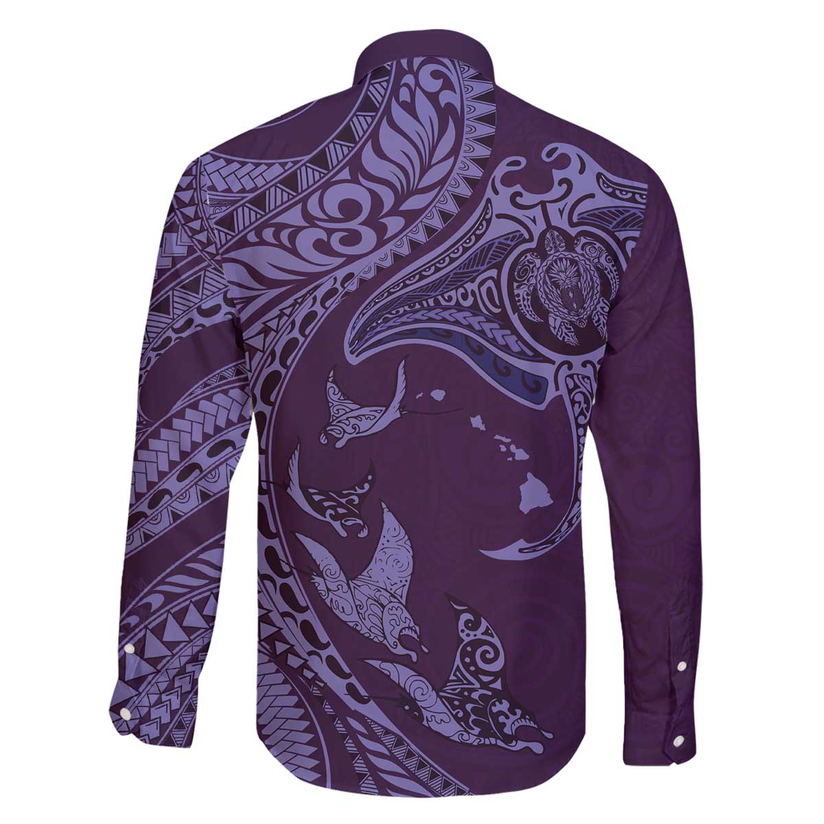 Hawaiian Manta Ray and Polynesian Tribal Tattoo Family Matching Off The Shoulder Long Sleeve Dress and Hawaiian Shirt Purple Color LT03