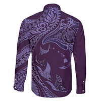 Hawaiian Manta Ray and Polynesian Tribal Tattoo Family Matching Off The Shoulder Long Sleeve Dress and Hawaiian Shirt Purple Color LT03