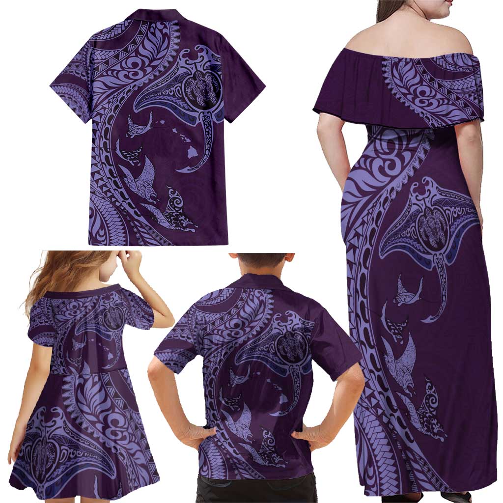 Hawaiian Manta Ray and Polynesian Tribal Tattoo Family Matching Off Shoulder Maxi Dress and Hawaiian Shirt Purple Color LT03 - Polynesian Pride