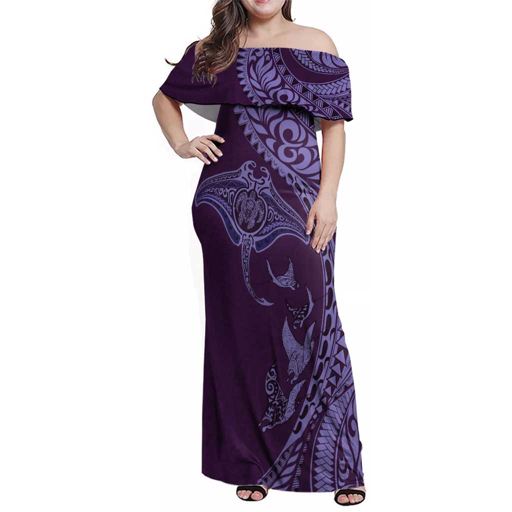 Hawaiian Manta Ray and Polynesian Tribal Tattoo Family Matching Off Shoulder Maxi Dress and Hawaiian Shirt Purple Color LT03 Mom's Dress Purple - Polynesian Pride