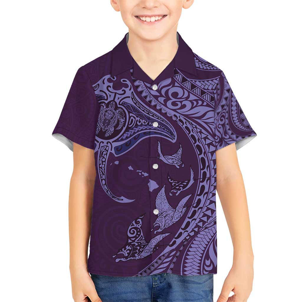Hawaiian Manta Ray and Polynesian Tribal Tattoo Family Matching Off Shoulder Maxi Dress and Hawaiian Shirt Purple Color LT03 Son's Shirt Purple - Polynesian Pride