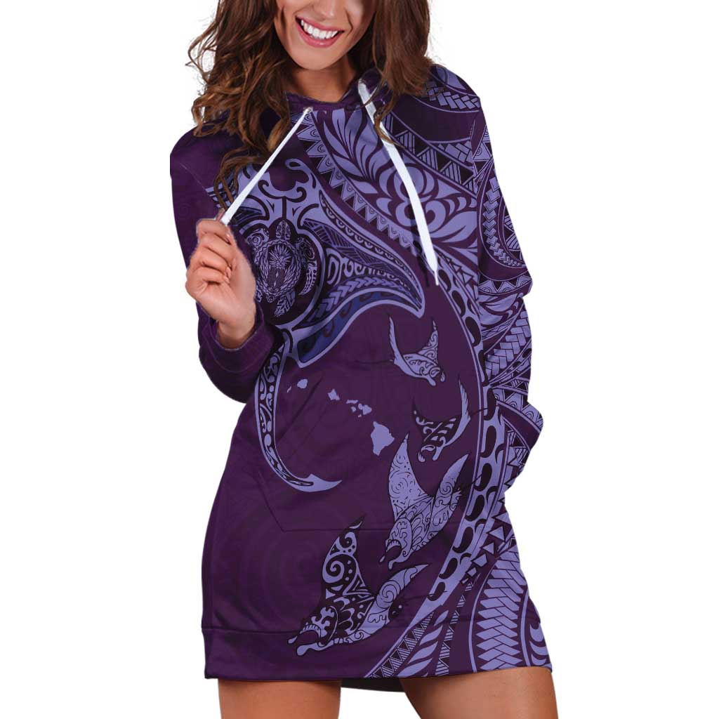 Hawaiian Manta Ray and Polynesian Tribal Tattoo Hoodie Dress Purple Color LT03 Purple - Polynesian Pride
