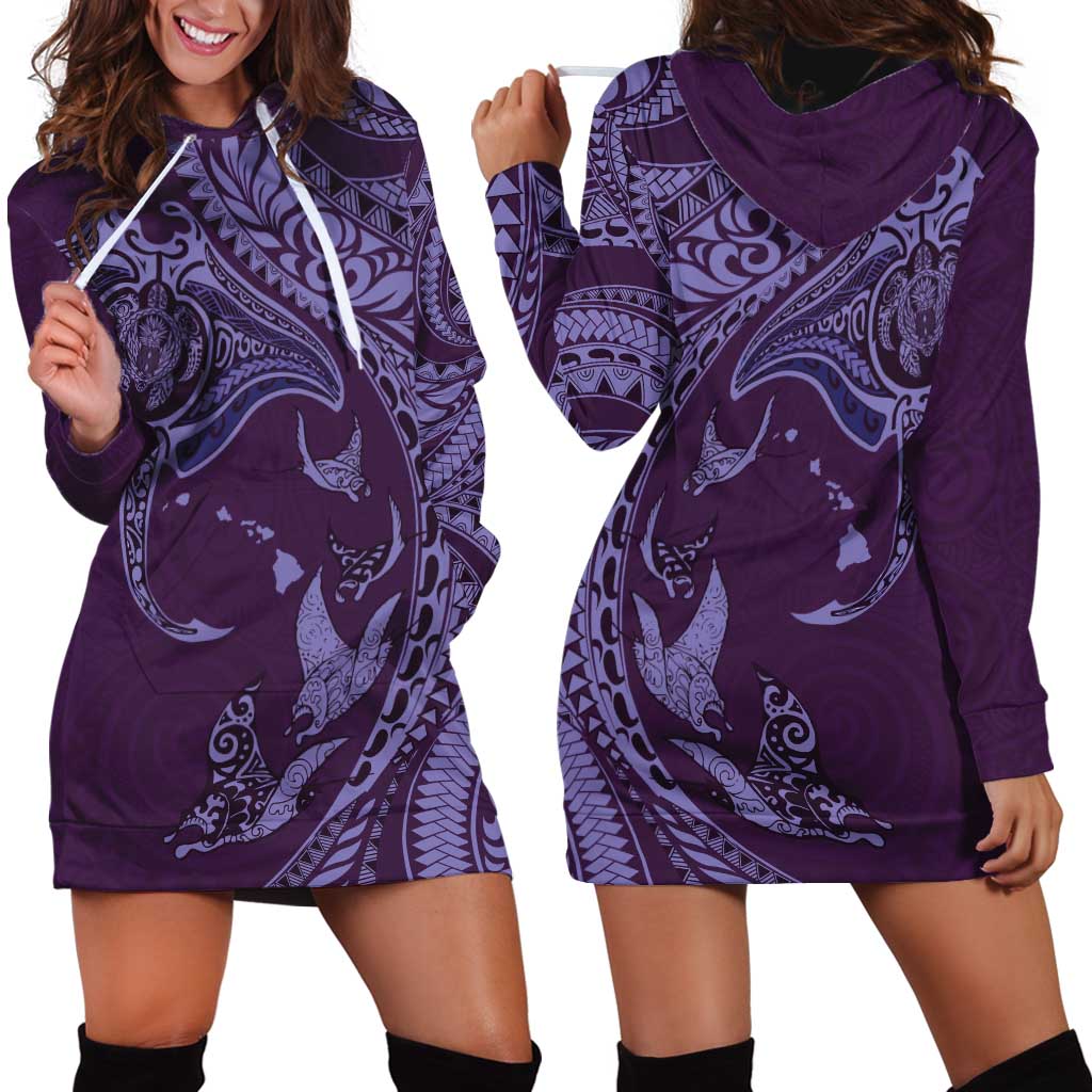Hawaiian Manta Ray and Polynesian Tribal Tattoo Hoodie Dress Purple Color LT03 - Polynesian Pride