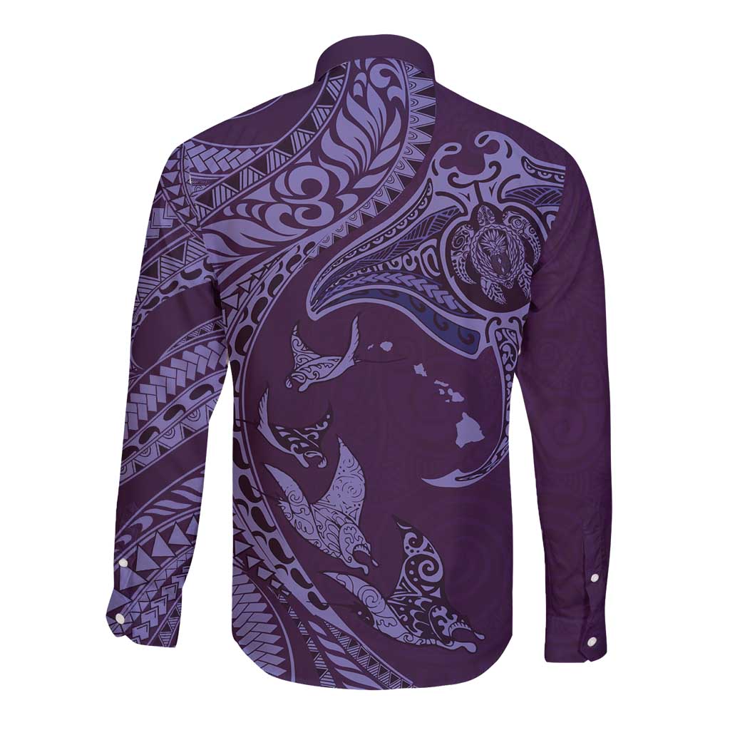Hawaiian Manta Ray and Polynesian Tribal Tattoo Long Sleeve Button Shirt Purple Color LT03