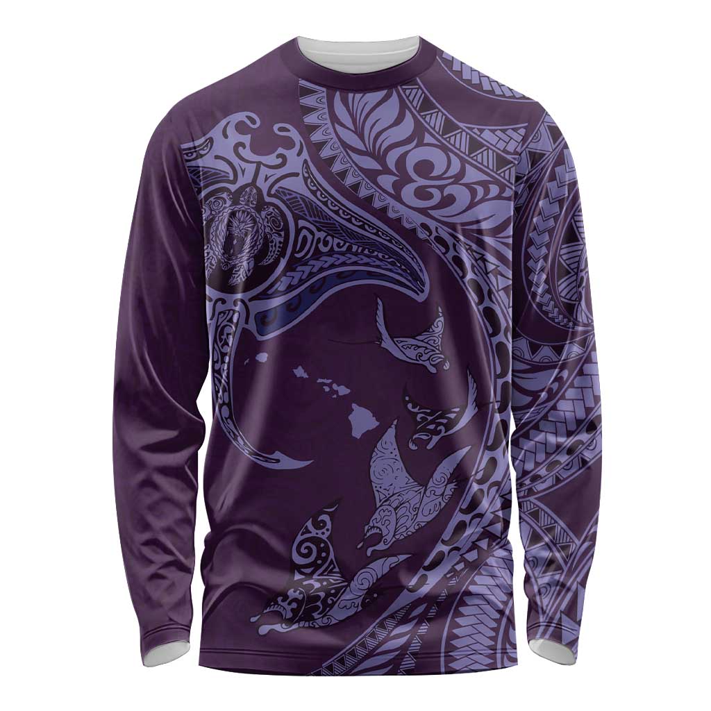 Hawaiian Manta Ray and Polynesian Tribal Tattoo Long Sleeve Shirt Purple Color LT03 Unisex Purple - Polynesian Pride