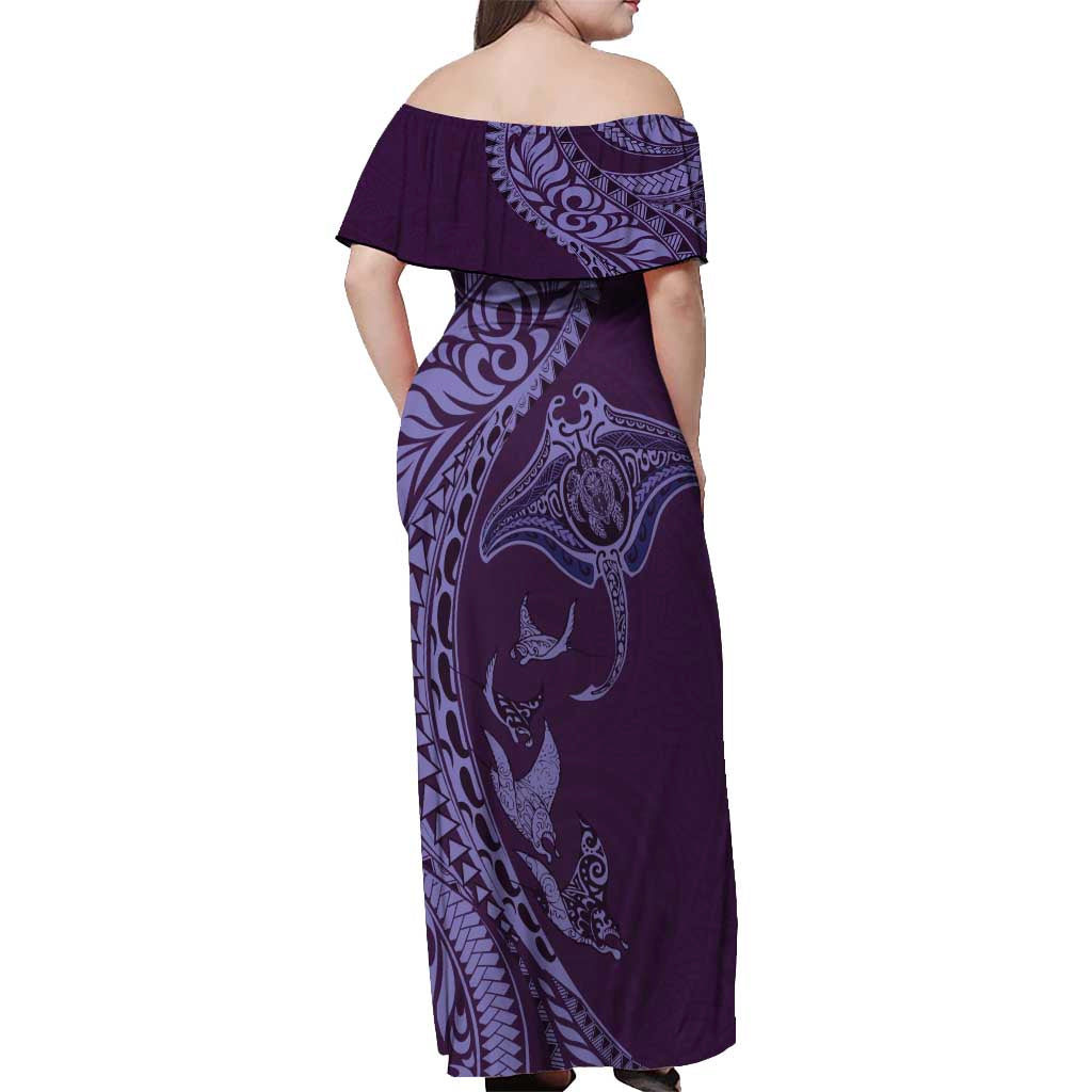 Hawaiian Manta Ray and Polynesian Tribal Tattoo Off Shoulder Maxi Dress Purple Color LT03 - Polynesian Pride