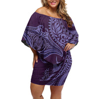 Hawaiian Manta Ray and Polynesian Tribal Tattoo Off Shoulder Short Dress Purple Color LT03 Women Purple - Polynesian Pride