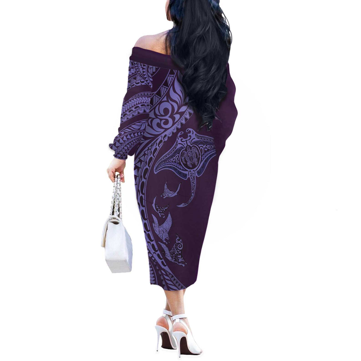 Hawaiian Manta Ray and Polynesian Tribal Tattoo Off The Shoulder Long Sleeve Dress Purple Color LT03 - Polynesian Pride