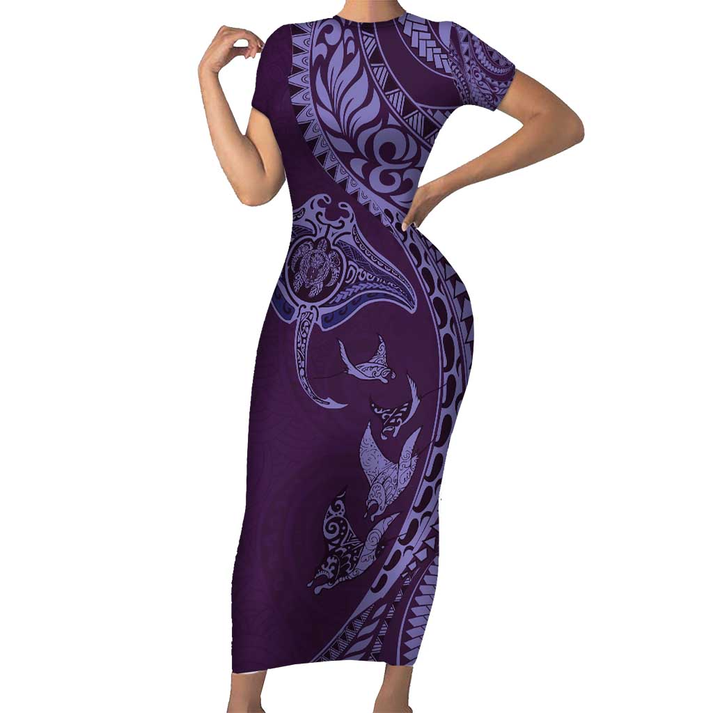 Hawaiian Manta Ray and Polynesian Tribal Tattoo Short Sleeve Bodycon Dress Purple Color LT03 Long Dress Purple - Polynesian Pride