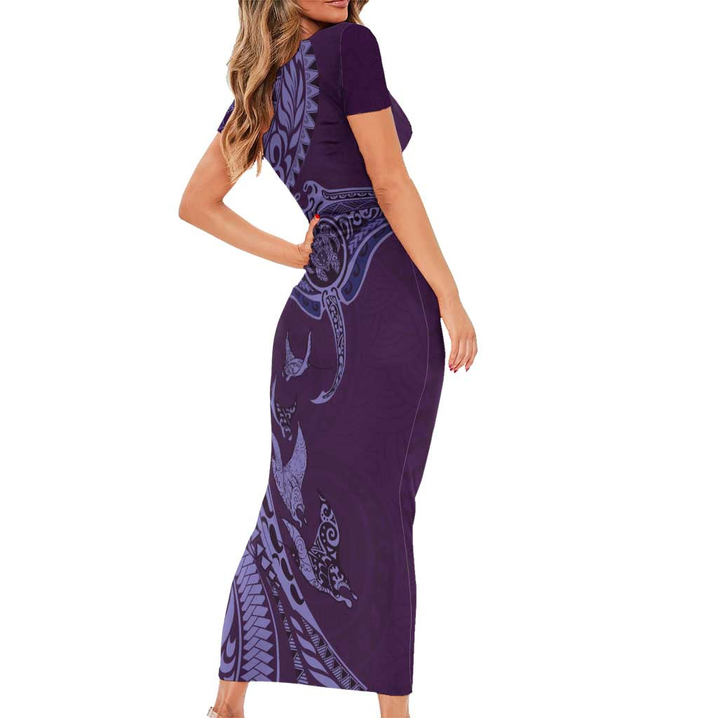 Hawaiian Manta Ray and Polynesian Tribal Tattoo Short Sleeve Bodycon Dress Purple Color LT03 - Polynesian Pride
