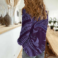 Hawaiian Manta Ray and Polynesian Tribal Tattoo Women Casual Shirt Purple Color LT03 - Polynesian Pride