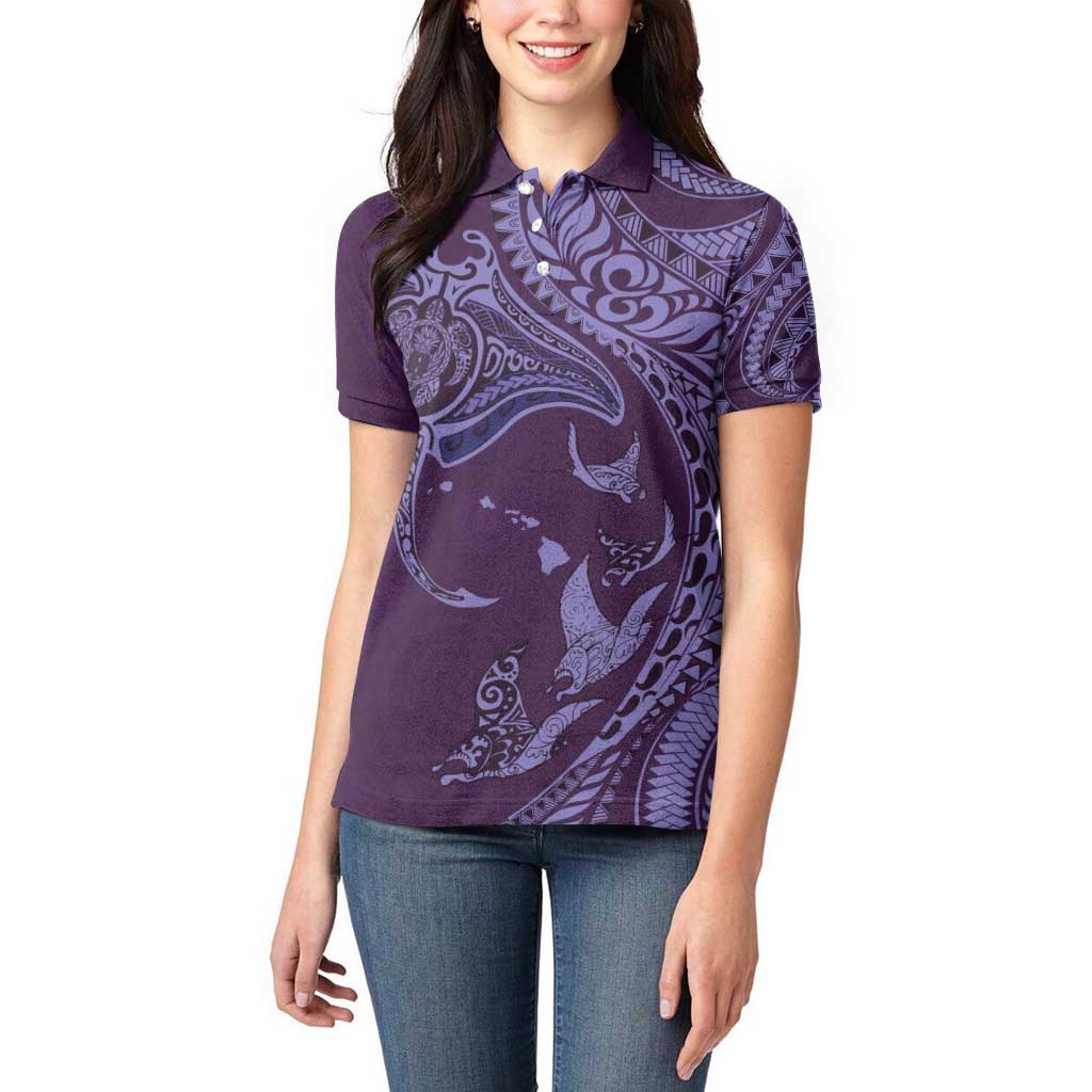 Hawaiian Manta Ray and Polynesian Tribal Tattoo Women Polo Shirt Purple Color LT03