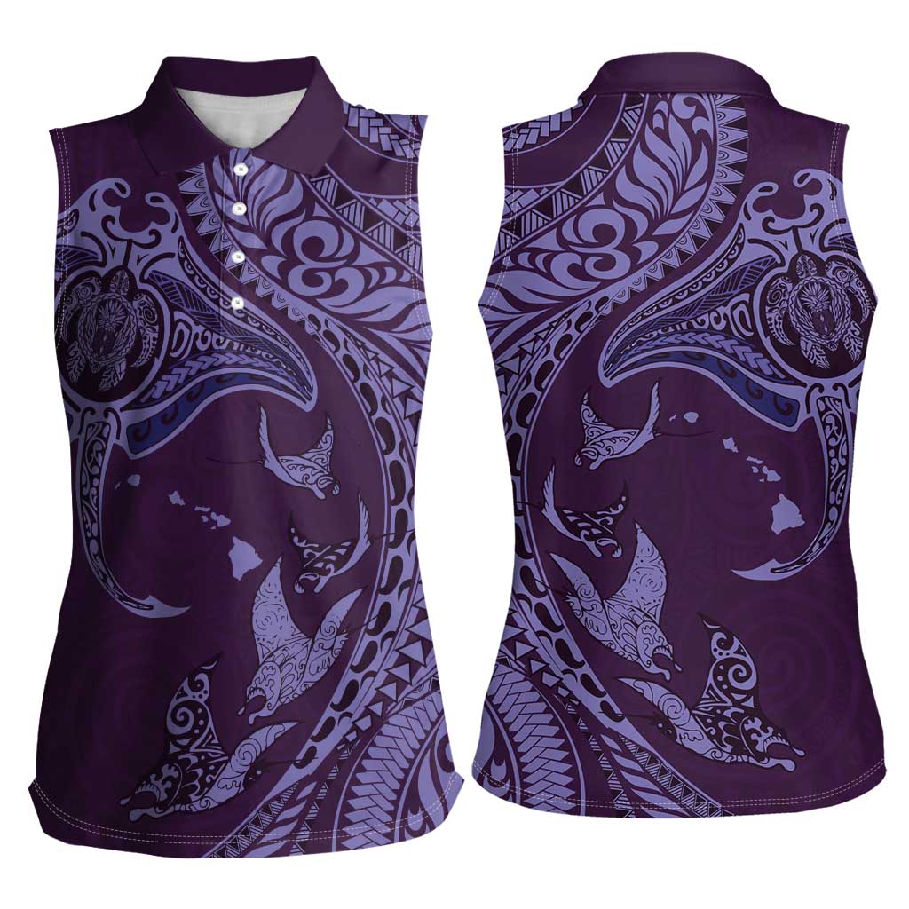 Hawaiian Manta Ray and Polynesian Tribal Tattoo Women Sleeveless Polo Shirt Purple Color LT03 - Polynesian Pride