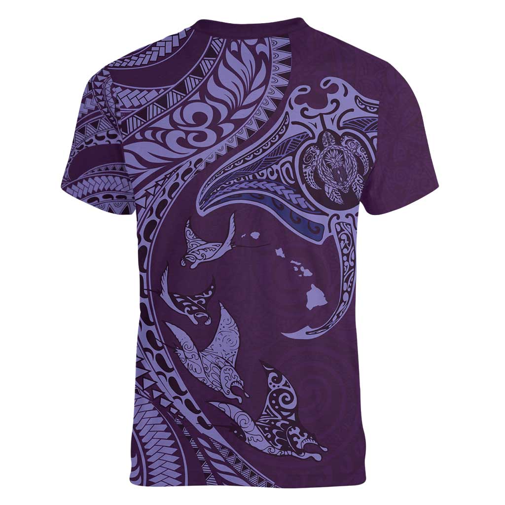 Hawaiian Manta Ray and Polynesian Tribal Tattoo Women V-Neck T-Shirt Purple Color LT03 - Polynesian Pride