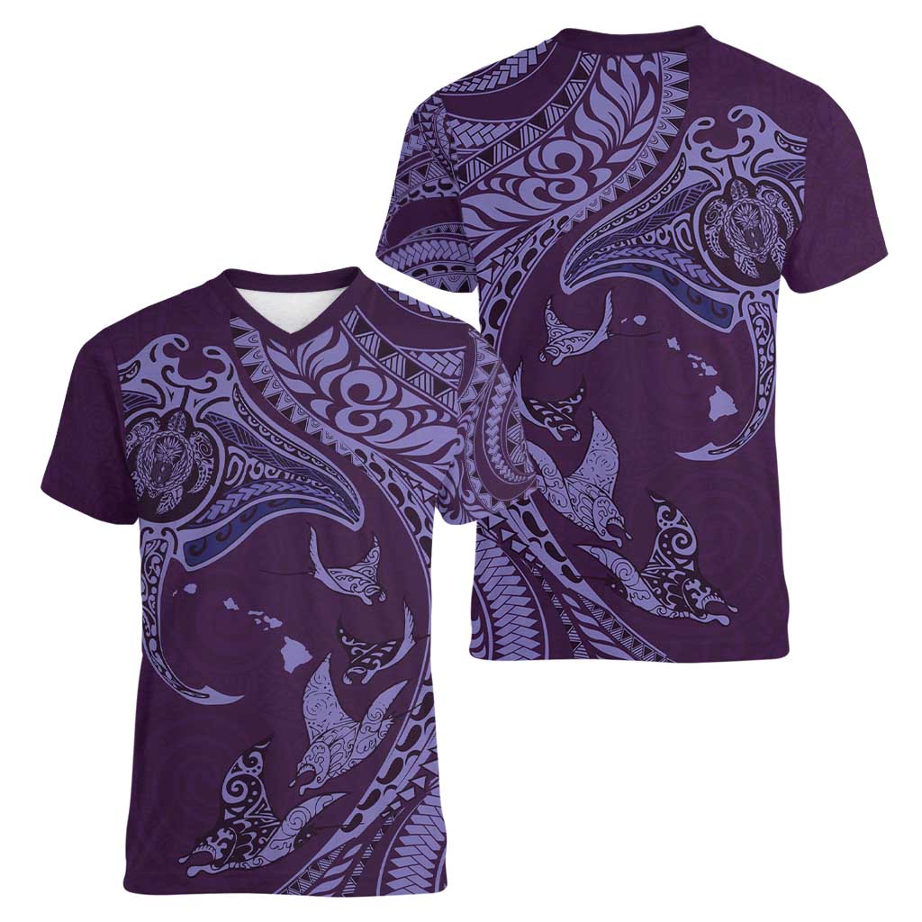 Hawaiian Manta Ray and Polynesian Tribal Tattoo Women V-Neck T-Shirt Purple Color LT03 - Polynesian Pride