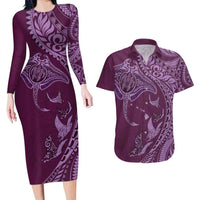 Hawaiian Manta Ray and Polynesian Tribal Tattoo Couples Matching Long Sleeve Bodycon Dress and Hawaiian Shirt Pink Color LT03 Pink - Polynesian Pride