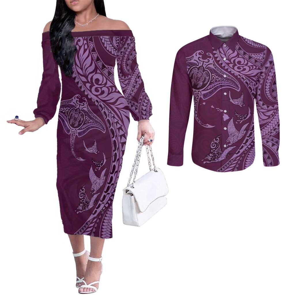 Hawaiian Manta Ray and Polynesian Tribal Tattoo Couples Matching Off The Shoulder Long Sleeve Dress and Long Sleeve Button Shirt Pink Color LT03