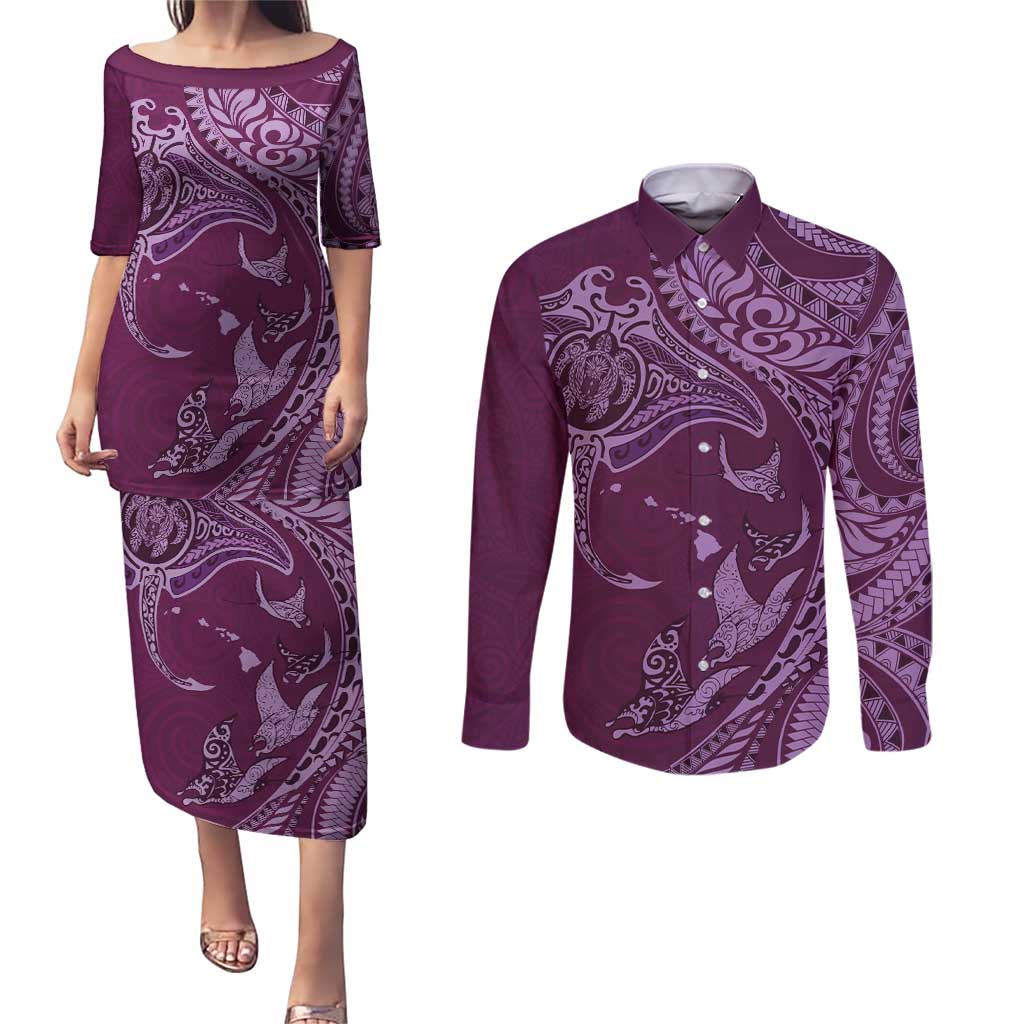 Hawaiian Manta Ray and Polynesian Tribal Tattoo Couples Matching Puletasi and Long Sleeve Button Shirt Pink Color LT03