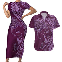 Hawaiian Manta Ray and Polynesian Tribal Tattoo Couples Matching Short Sleeve Bodycon Dress and Hawaiian Shirt Pink Color LT03 Pink - Polynesian Pride