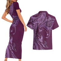 Hawaiian Manta Ray and Polynesian Tribal Tattoo Couples Matching Short Sleeve Bodycon Dress and Hawaiian Shirt Pink Color LT03 - Polynesian Pride