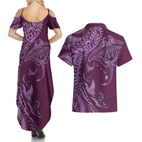 Hawaiian Manta Ray and Polynesian Tribal Tattoo Couples Matching Summer Maxi Dress and Hawaiian Shirt Pink Color LT03