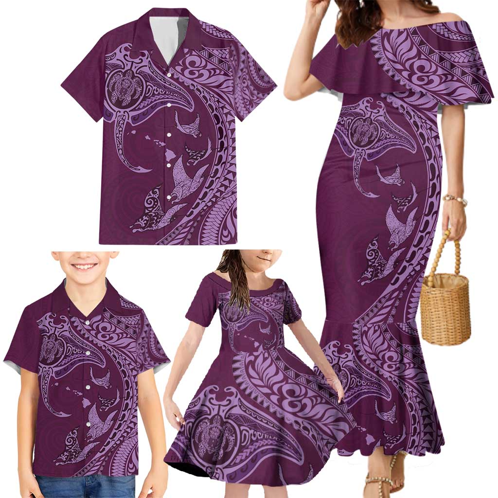 Hawaiian Manta Ray and Polynesian Tribal Tattoo Family Matching Mermaid Dress and Hawaiian Shirt Pink Color LT03 - Polynesian Pride