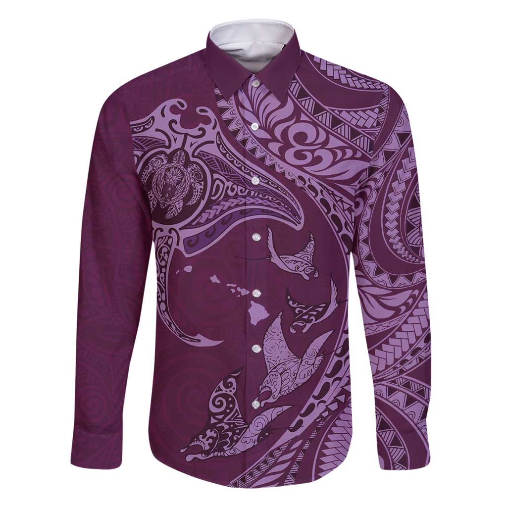 Hawaiian Manta Ray and Polynesian Tribal Tattoo Family Matching Off Shoulder Maxi Dress and Hawaiian Shirt Pink Color LT03 Dad's Shirt - Long Sleeve Pink - Polynesian Pride
